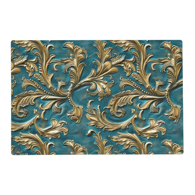Elegant teal gold floral placemat (Front)