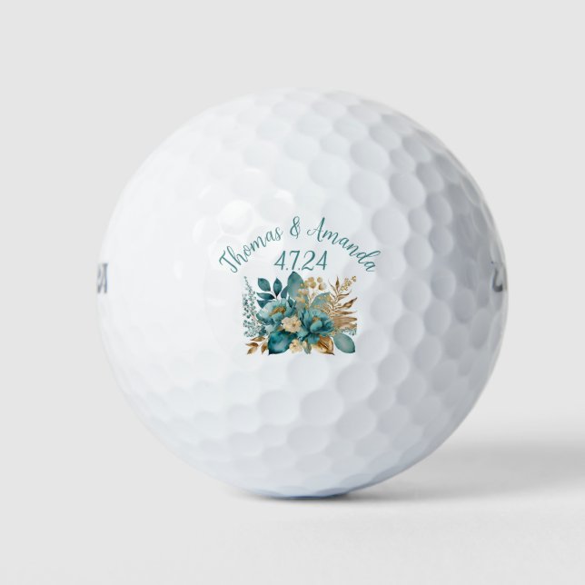 Elegant Teal & Gold Floral Wedding favor Golf Balls (Front)