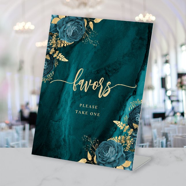 Elegant Teal Gold Floral Wedding Favors Pedestal Sign (Creator Uploaded)