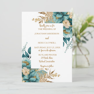 Elegant Teal & Gold Floral wedding Invitation