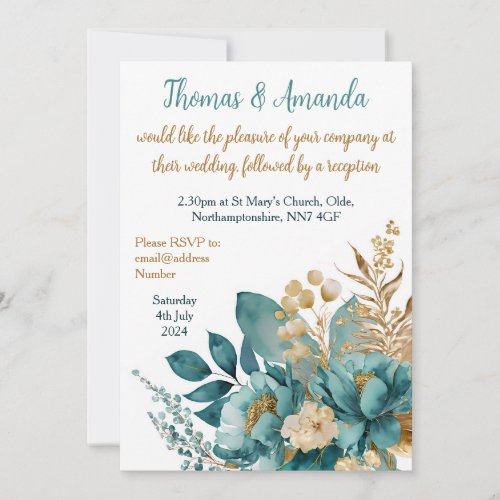 Elegant Teal  Gold Floral wedding Invitation