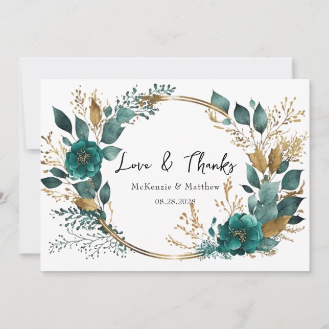 Elegant Teal Gold Floral Wedding Love & Thanks Invitation (Front)