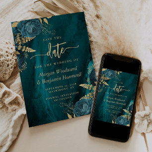 Elegant Teal Gold Floral Wedding Save the Date Invitation