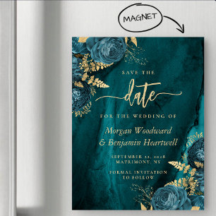 Elegant Teal Gold Floral Wedding Save the Date Magnetic Invitation