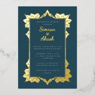 Elegant teal gold Foil Indian wedding Invitation Foil Invitation