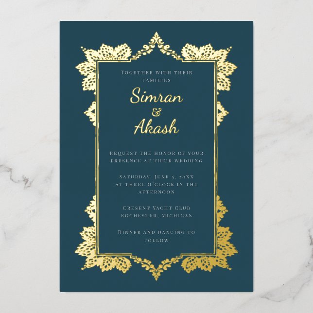 Elegant teal gold Foil Indian wedding Invitation Foil Invitation (Front)