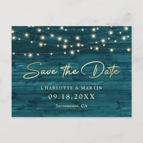 Elegant Teal Gold Foil Wood Save The Date Announcement Postcard
