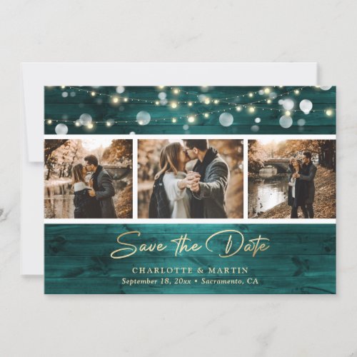 Elegant Teal Gold Foil Wood Wedding 3 Photo Save The Date