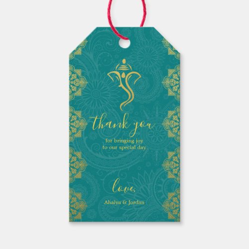 Elegant Teal  Gold Ganesha  Mehndi Hindu Wedding Gift Tags