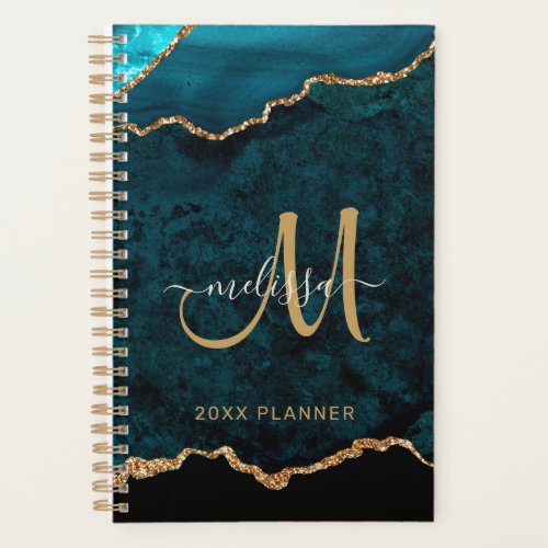 Elegant Teal Gold Glitter Agate Monogram 2024 Planner