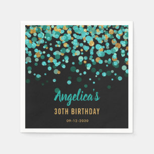Elegant Teal Gold Glitter Confetti Black Birthday Napkins