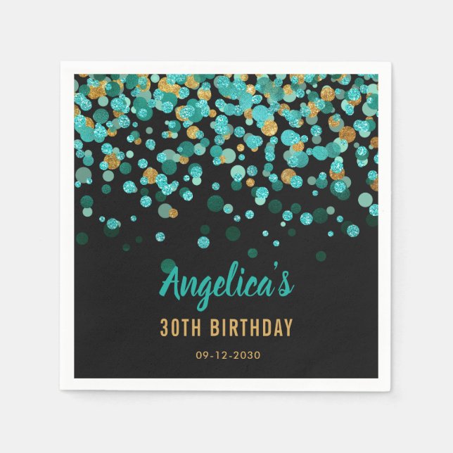 Elegant Teal Gold Glitter Confetti Black Birthday Napkins (Front)