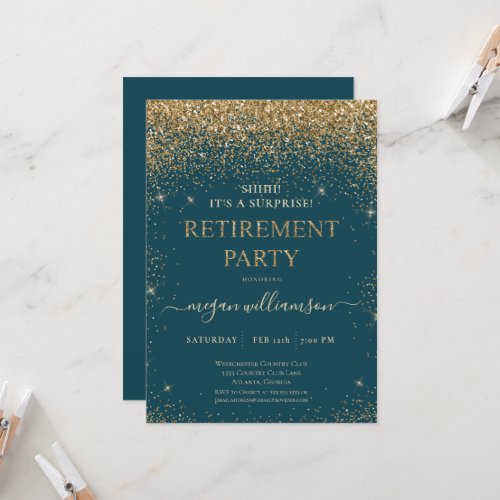 Elegant Teal Gold Glitter Retirement Party Invitation