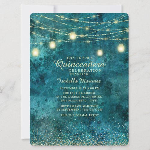 Elegant Teal Gold Glitter String Light Quinceaera Invitation