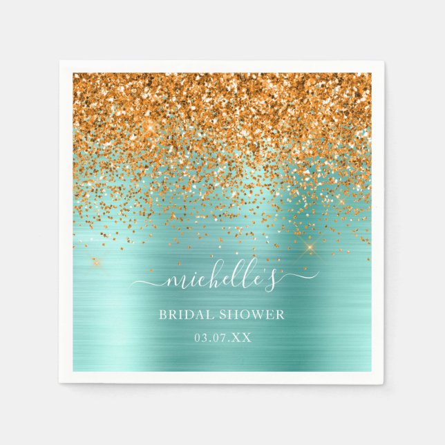 Elegant Teal Gold Glitter White Sparkle Name Napkins (Front)