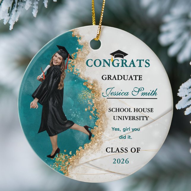 Elegant Teal & Gold Graduate Personalized Photo  Ceramic Ornament (Creator Uploaded)
