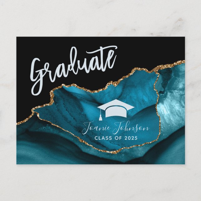 Elegant Teal Gold Graduation Party Announcement Postcard (Front)