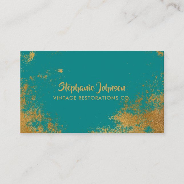 Elegant Teal Gold Grunge Vintage Look Business Card (Front)
