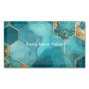 Elegant Teal Gold Hexagon Geometric Liquid Marble Business Card Magnet