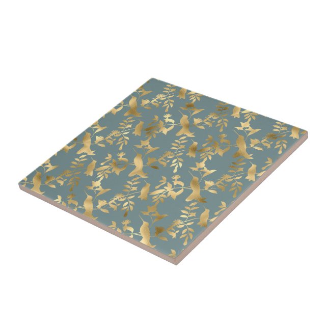Elegant Teal Gold Hummingbirds Ceramic Tile (Side)