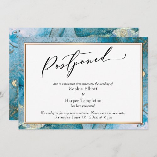 Elegant Teal  Gold Ink Postponed Wedding Card