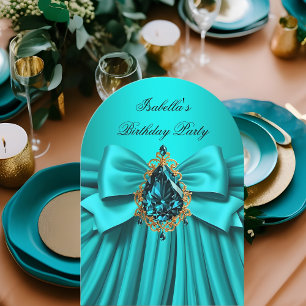 Elegant Teal gold Jewel Bow Birthday Party Invitation