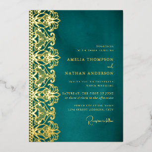 Elegant Teal Gold Lace Wedding  Foil Invitation