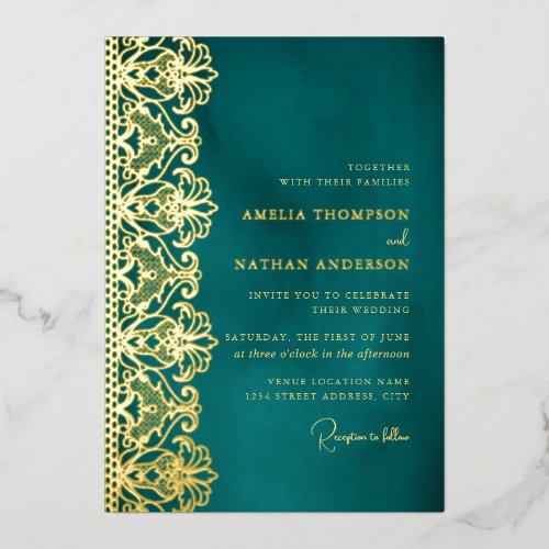 Elegant Teal Gold Lace Wedding  Foil Invitation