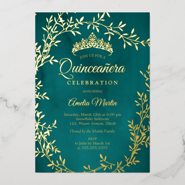 Elegant Teal Gold Leaf Wreath Quinceanera Foil Invitation (Front)