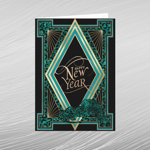 Elegant Teal Gold Leopard Art Deco New Year Holiday Card