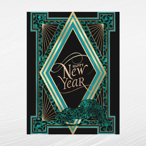 Elegant Teal Gold Leopard Art Deco New Year Holiday Postcard