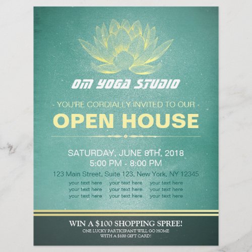 Elegant Teal  Gold Lotus YOGA Studio Open House Flyer