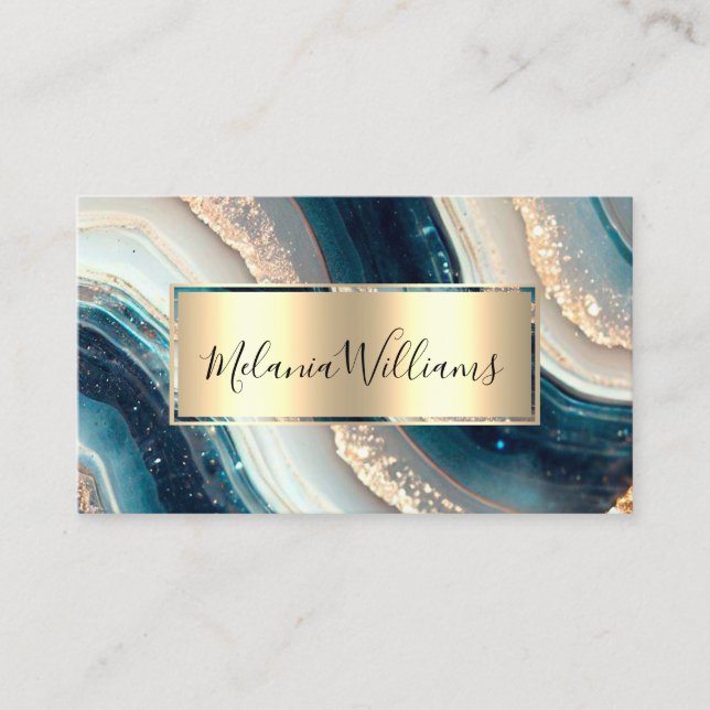 Elegant Teal Gold Marble Agate Geode QR Code  Business Card (Front)