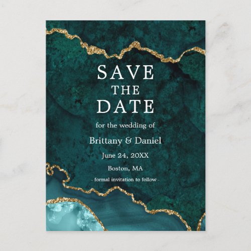 Elegant Teal Gold Marble Geode Save The Date Announcement Postcard