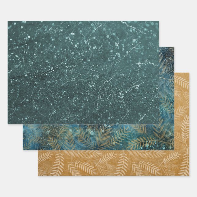 Elegant Teal Gold Marble Leaves  Wrapping Paper Sheets (Set)