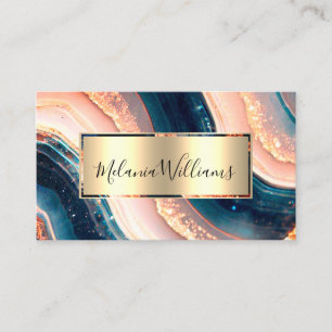 Elegant Teal Gold Marble Pink Agate Geode QR Code Business Card