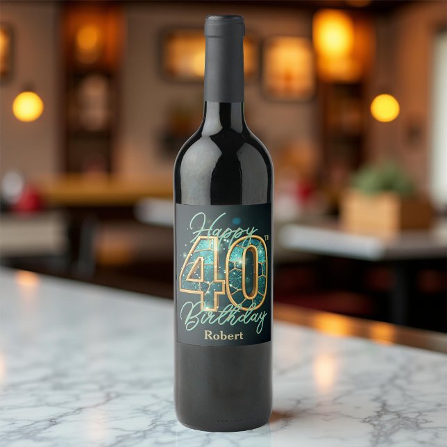 Elegant Teal & Gold Metallic Mosaic 40th Birthday Wine Label (Creator Uploaded)