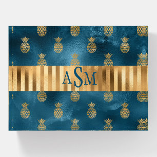 Elegant Teal Gold Metallic Pineapples Monogram Paperweight