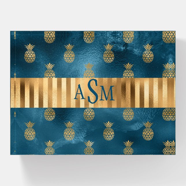 Elegant Teal Gold Metallic Pineapples Monogram Paperweight (Front)