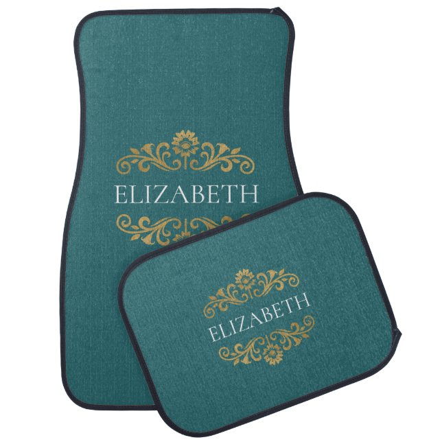 Elegant Teal Gold Monogram Set of Car Mats (Set)