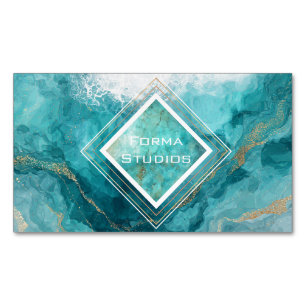 Elegant Teal Gold Ocean Wave Liquid Marble Business Card Magnet