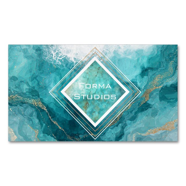 Elegant Teal Gold Ocean Wave Liquid Marble Business Card Magnet (Front)