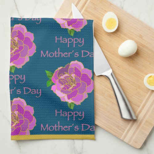Elegant Teal Gold Pink Rose Happy Mothers Day Kitchen Towel