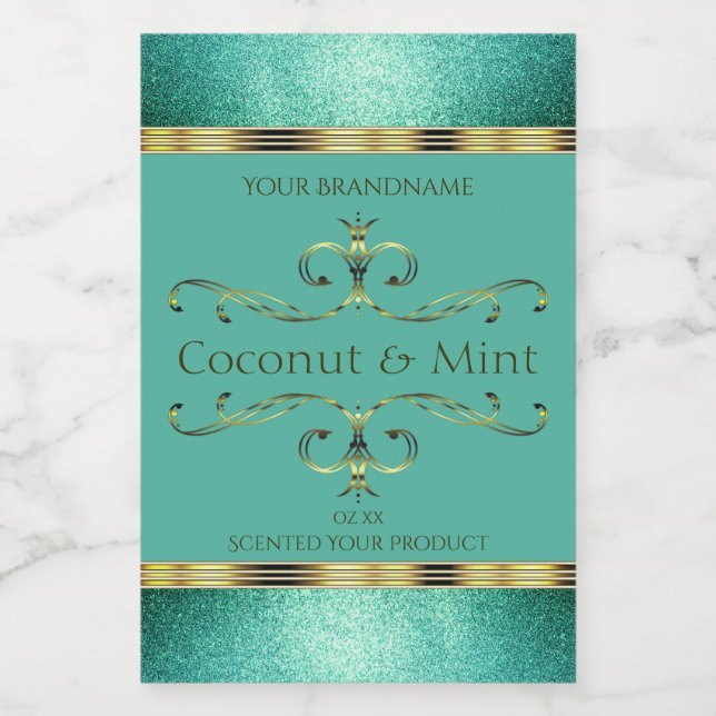 Elegant Teal Gold Product Labels Glitter Borders (Single Label)