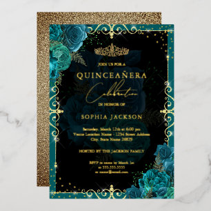 Elegant Teal Gold Rose Quinceanera Foil Invitation