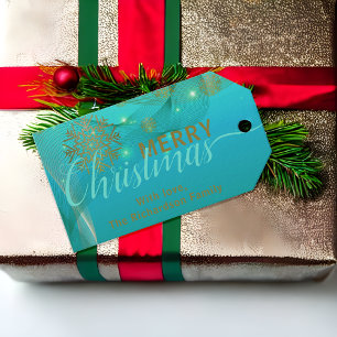 Elegant Teal Gold Snowflake Merry Christmas Gift Tags