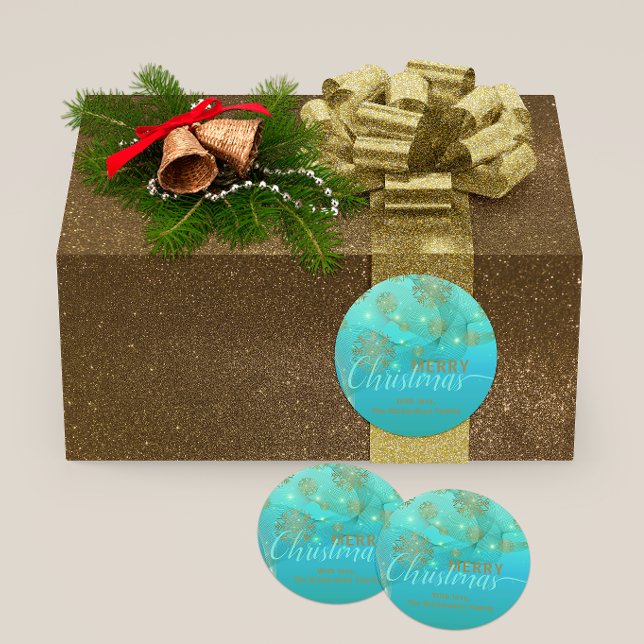 Elegant Teal Gold Snowflakes Christmas Classic Round Sticker (Creator Uploaded)