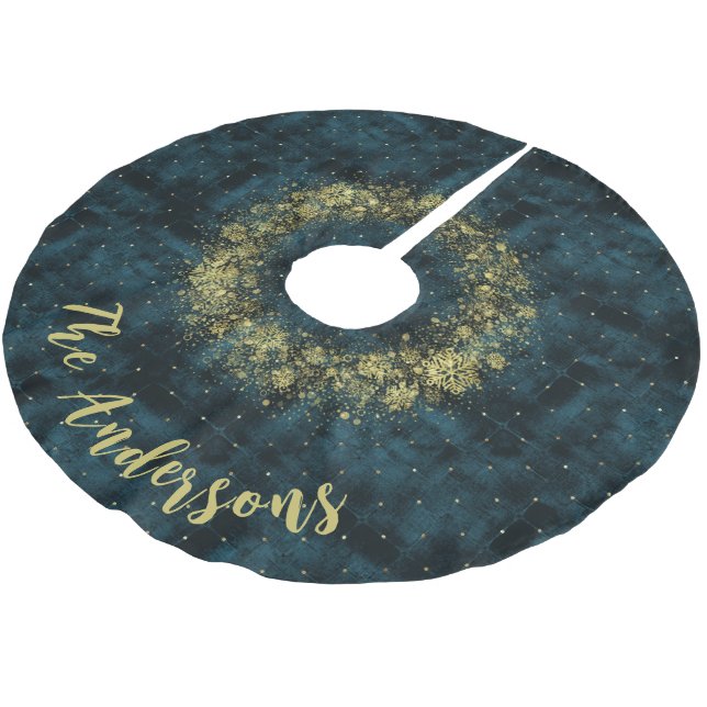 Elegant Teal Gold Snowflakes Velvet Christmas Brushed Polyester Tree Skirt (Angled)