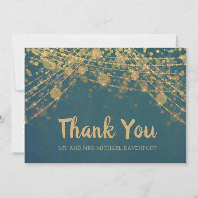 Elegant Teal Gold String Lights Bokeh Wedding Thank You Card (Front)
