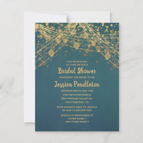 Elegant Teal Gold String Lights Bridal Shower Invitation